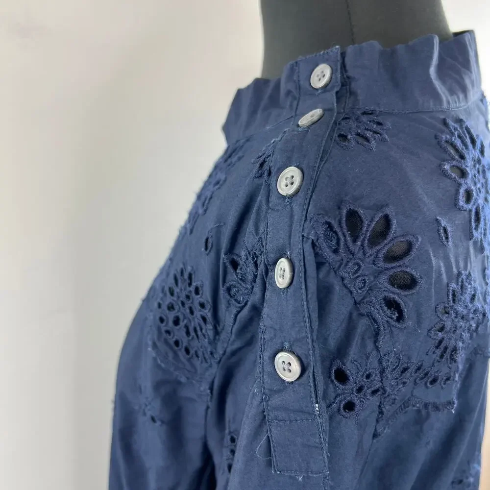 J Crew Navy Blue Eyelet FunnelNeck Mock Collar Cotton Long Sleeve Blouse Sz 12P